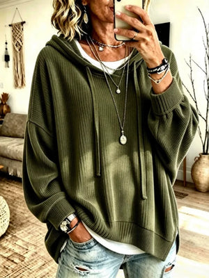 Army Green pullover hoodie with ribbed knit and long sleeve