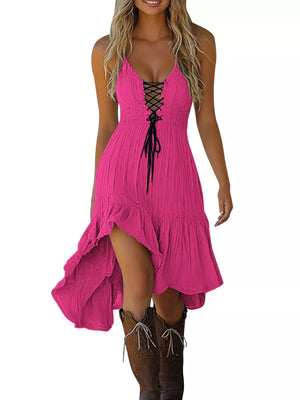 Lace-up Front High-low Ruffle Hem Dress in Green