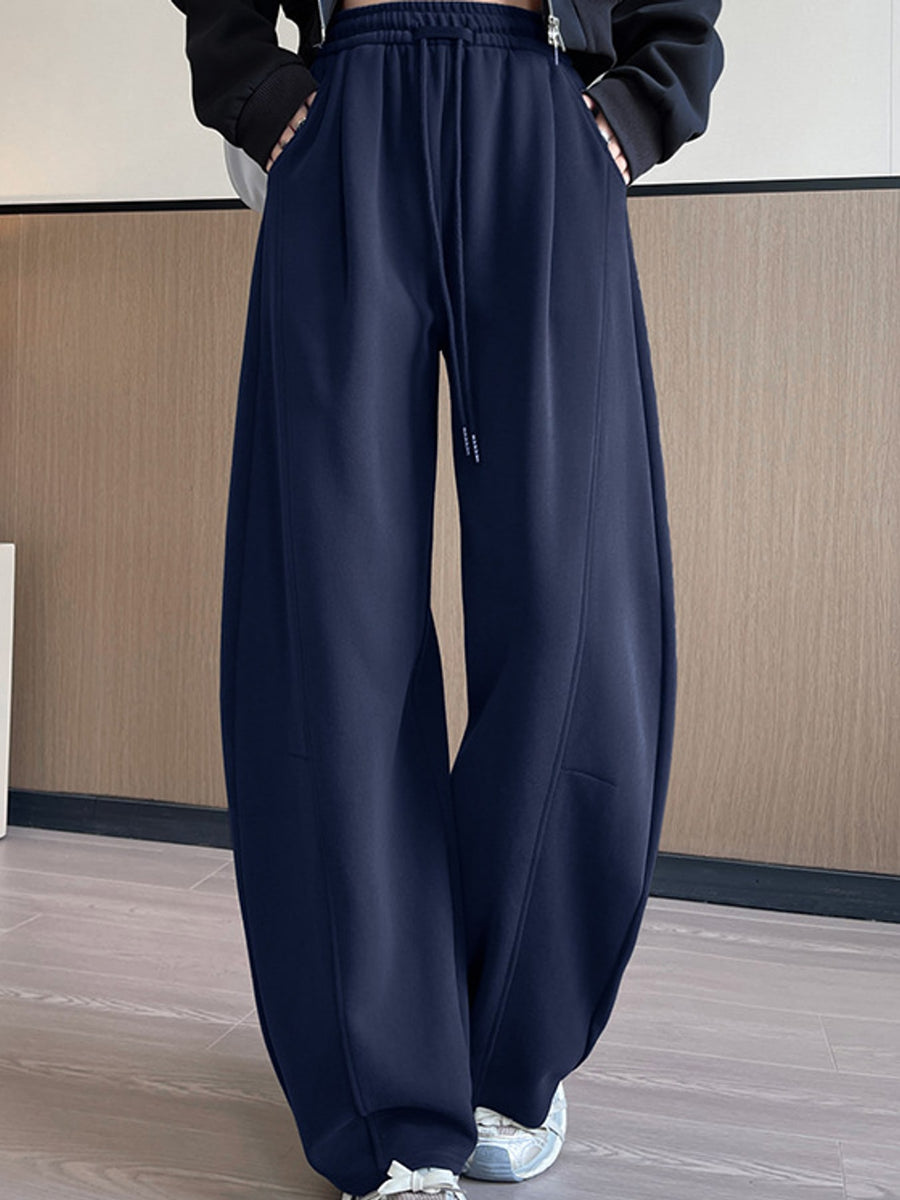 Full Size Drawstring Loose Fit Wide-Leg Sweatpants in Black-Spring And Fall-Tall with seam detail