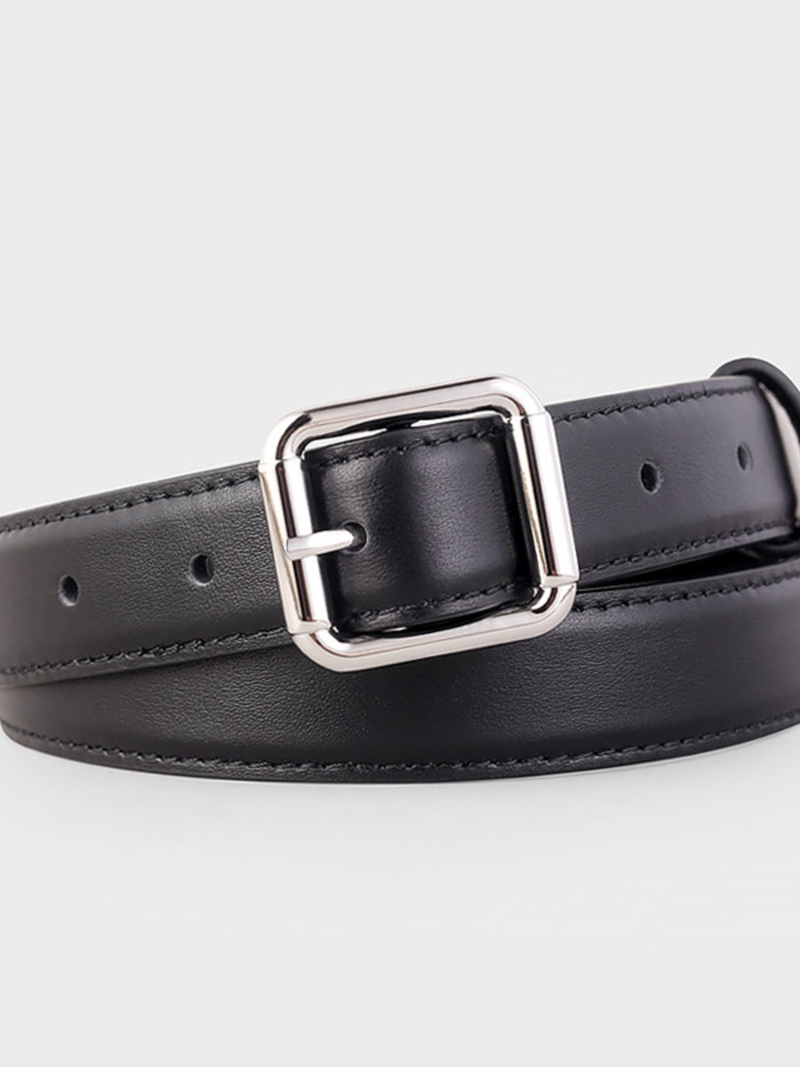 Black premium cowhide leather belt with a silver square buckle and stitching detail.