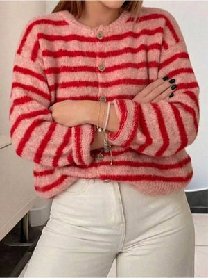 Brown cardigan with hip-length and button-front