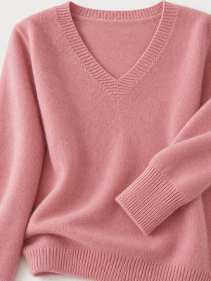Red relaxed v-neck sweater with v-neck