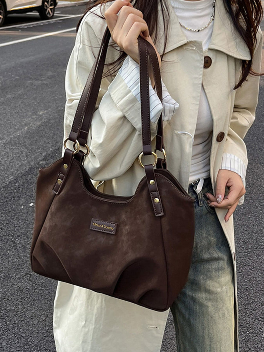 Vintage Suede Handbag Tote Bag in dark brown with shoulder strap