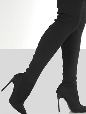 Black knit over-the-knee stiletto booties with a pointed toe.