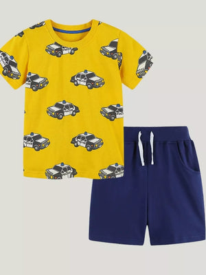 Boys yellow police car print t-shirt and navy blue shorts set