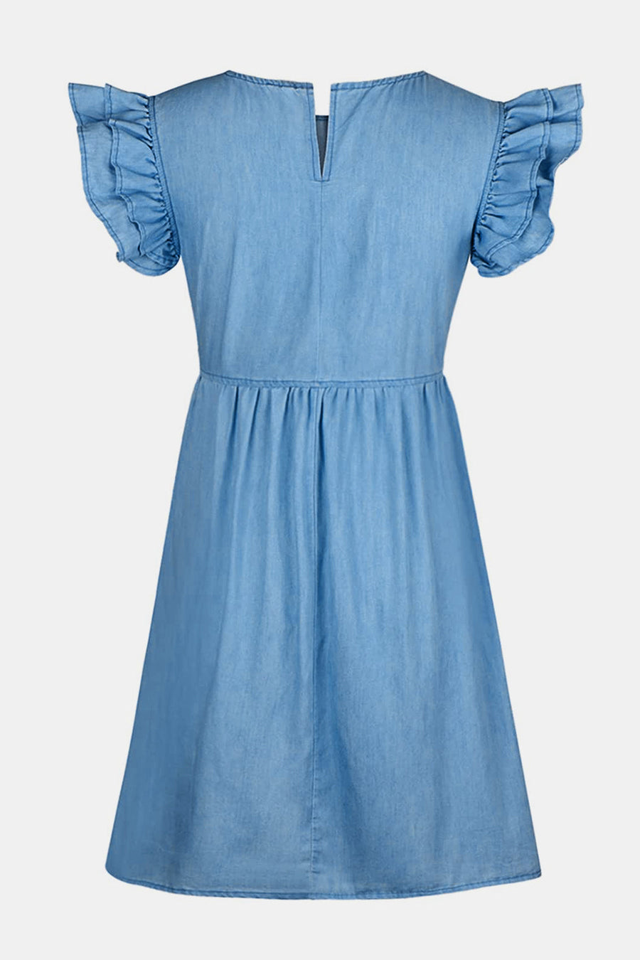 Light blue denim babydoll dress with ruffled short sleeves and a V-neck.