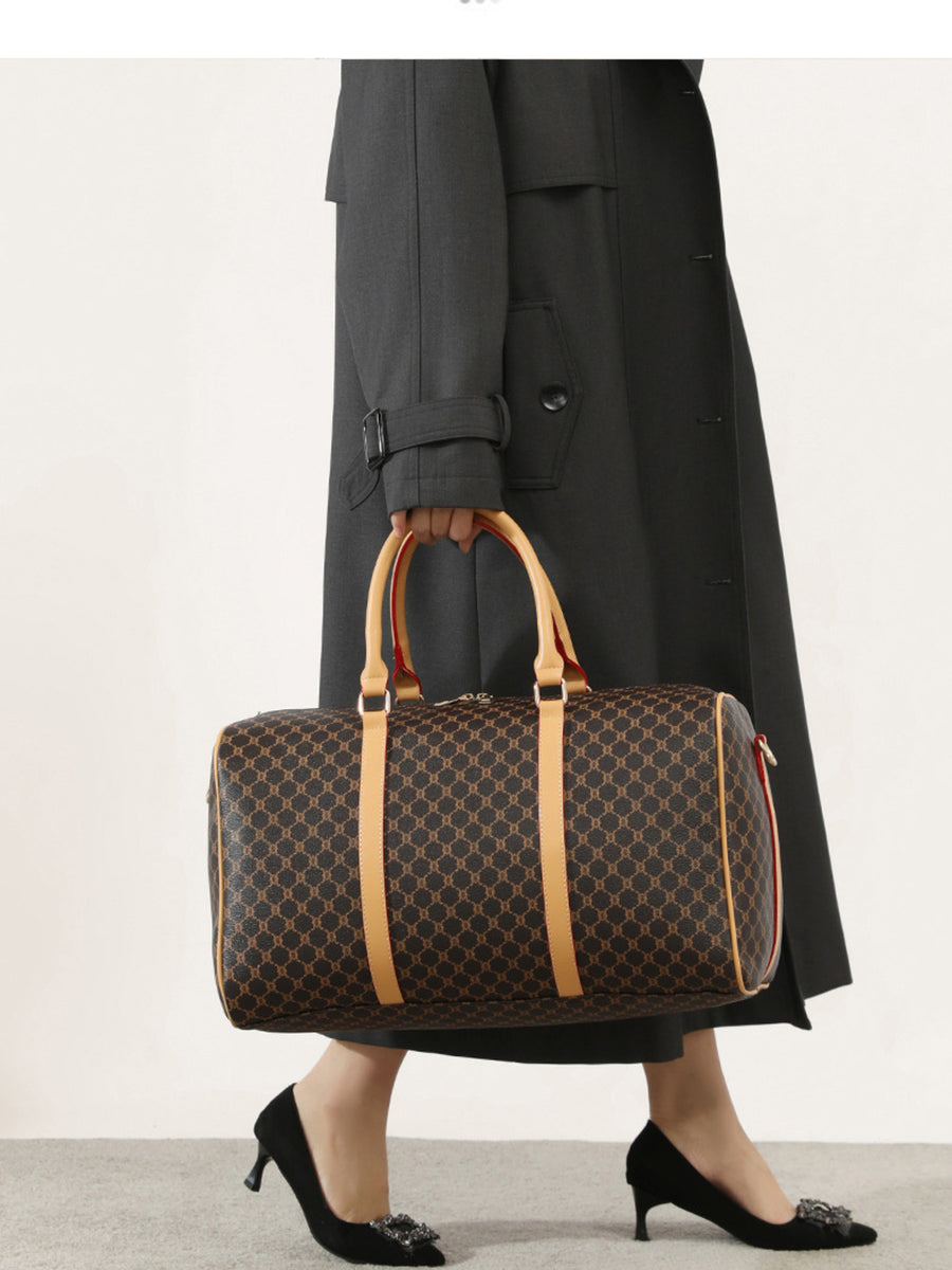 dark brown duffle bag with medium and zip-front