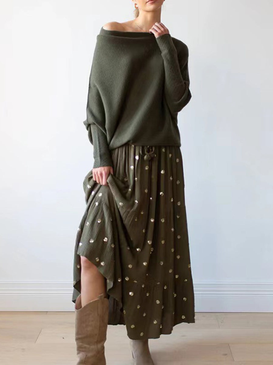Off-shoulder knit sweater in army green with textured cuffs and batwing sleeves.