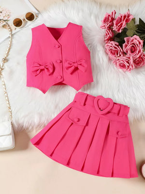 Pink bowknot vest and pleated skirt set with heart buckle belt
