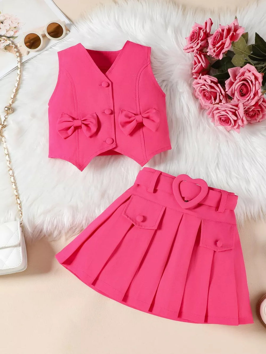 Pink bowknot vest and pleated skirt set with heart buckle belt