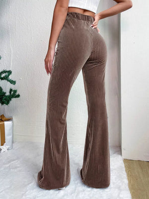 Taupe corduroy maternity flare pants with high waist and bell bottoms