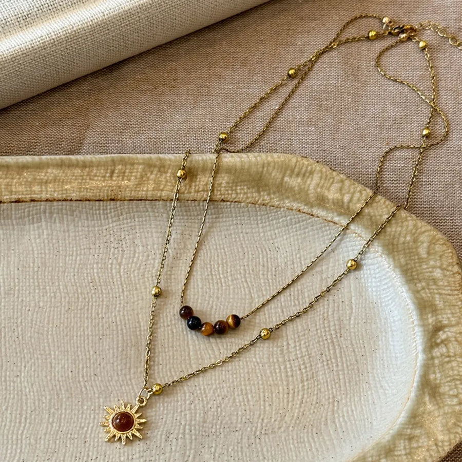 Tiger's Eye Copper Gold-plated Double Layered Necklace in gold with layered