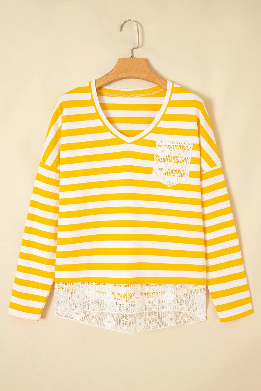 Pastel Yellow, Striped Lace Patchwork V Neck Long Sleeve Shirt in Pastel Yellow