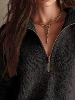 White pullover sweater with hip-length and half-zip
