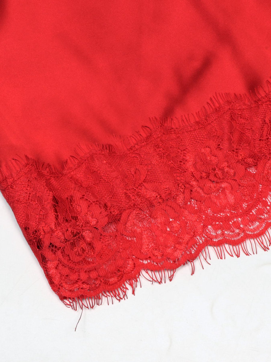 Red satin cami top with delicate lace trim detail