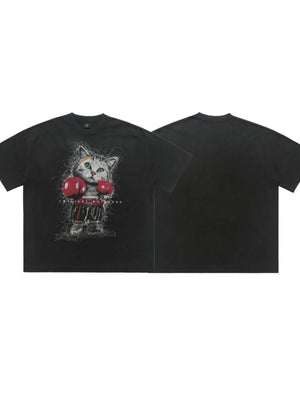 Black oversized cotton blend t-shirt with vintage-inspired boxing cat graphic print.