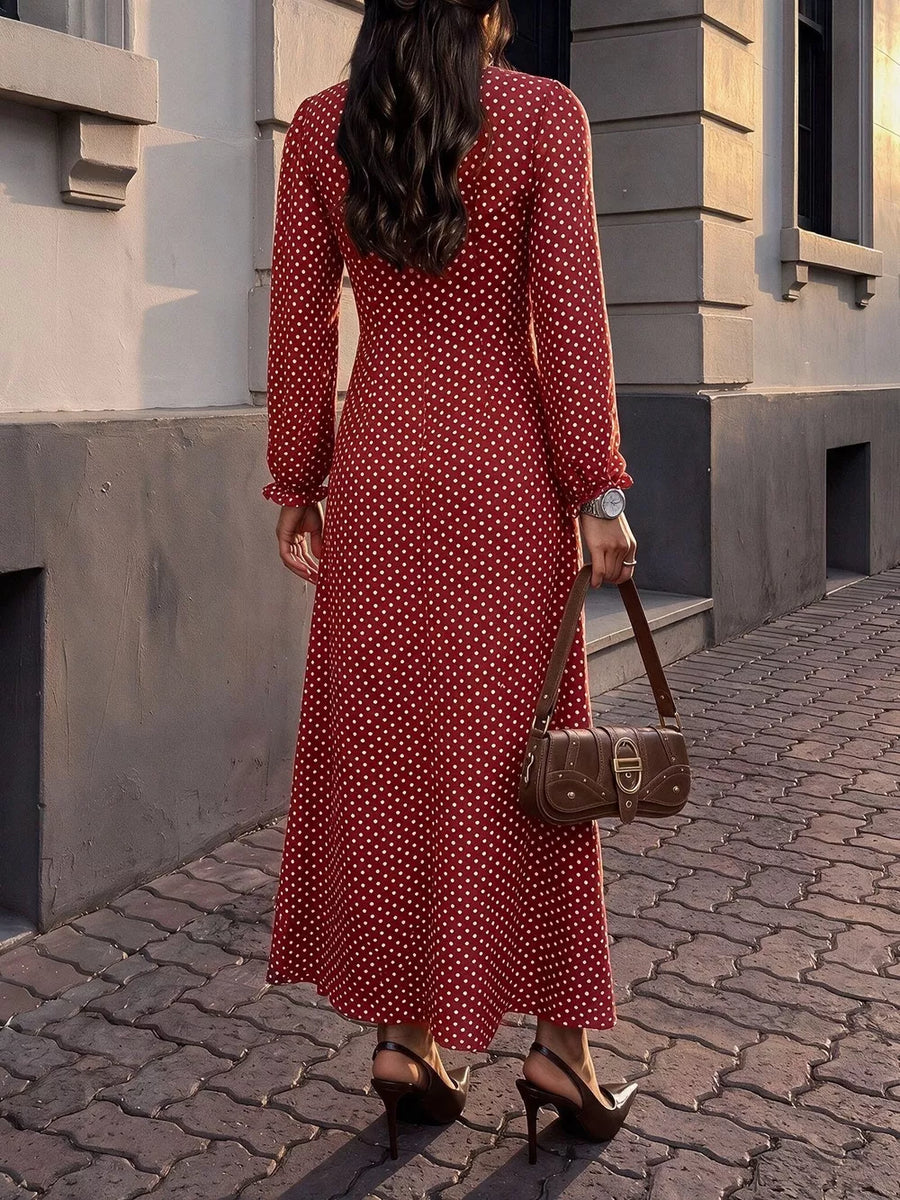 burgundy maxi dress with stretch and long sleeve
