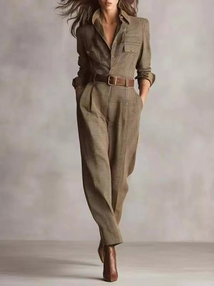 camel jumpsuit with plaid and collared