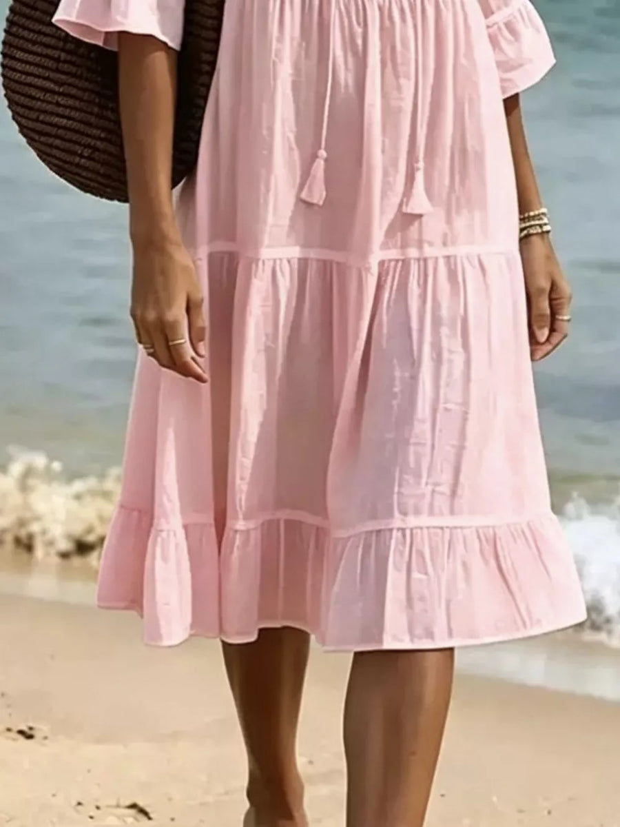 Blush Pink A-line midi dress with v-neck