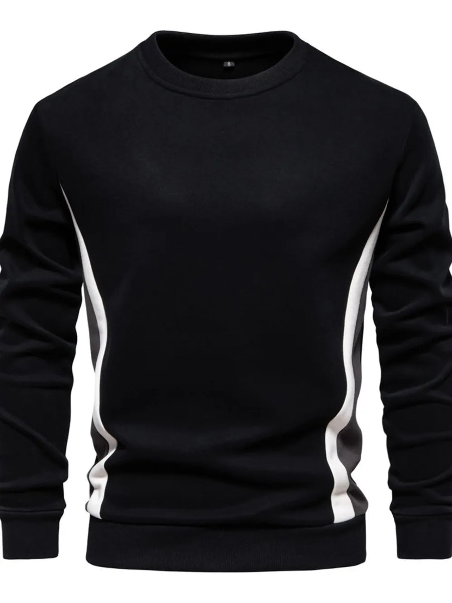 Black crew neck sweatshirt with white side panel details and long sleeves.