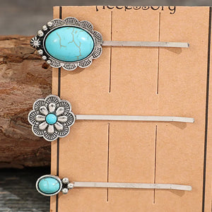 Southwestern hair pins with turquoise stones and alloy metal in Styles A, B, C, and D.