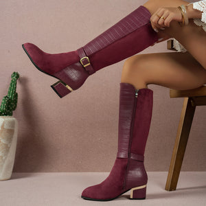 boots in black with crocodile-print and knee-high