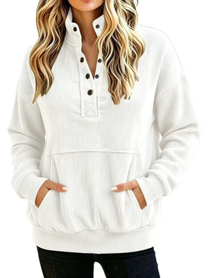 white sweatshirt with ribbed knit and mock neck