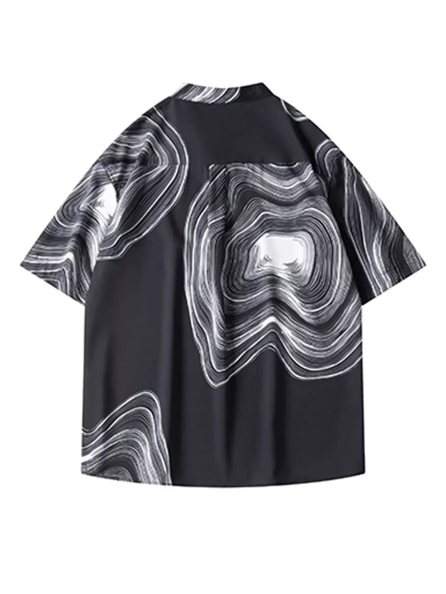 Black oversized men's short sleeve shirt with abstract wave print and band collar.