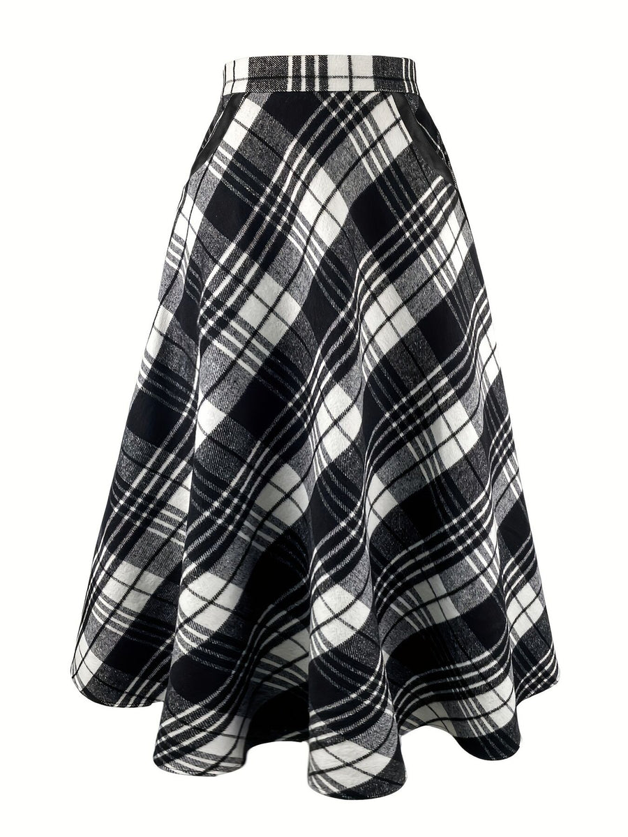 white midi skirt featuring pocketed and plaid