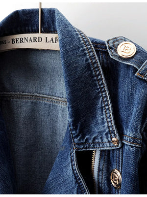 medium wash blue denim jacket with cropped and zip-front