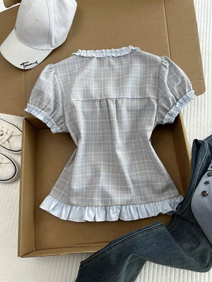blouse in Blue with plaid and tied
