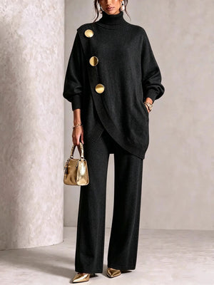 Gold Button Accent Turtleneck Sweater And Pants Set in Apricot Color with pocketed