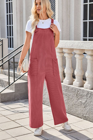 Striped denim overalls in strawberry with patch pockets and wide legs.