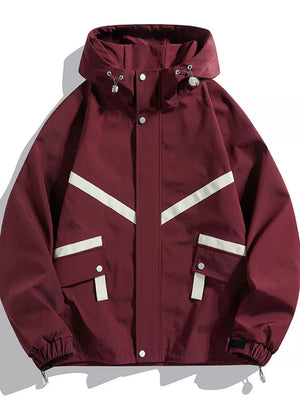 Maroon hooded jacket with white stripe accents and flap pockets.