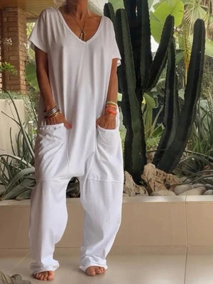 White Loose Fit V-neck Short Sleeve Wide Leg Jumpsuit