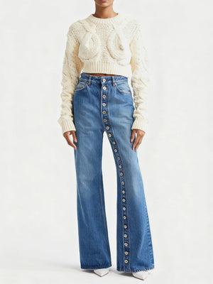 95%cotton,5%spandex Care instructions: Machine wash cold wide-leg jeans in medium blue with flared silhouette