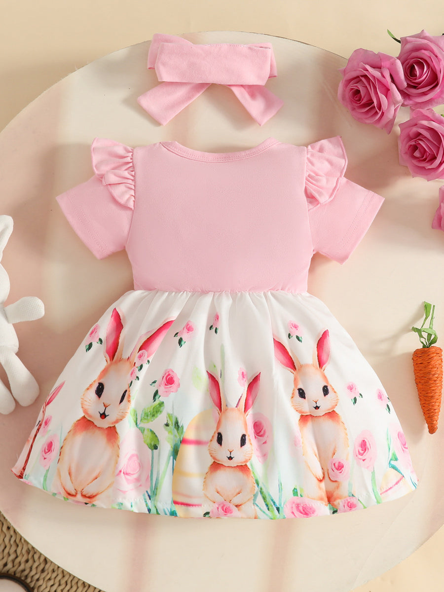 Pink baby dress with ruffled sleeves and bunny print skirt, includes matching headband.
