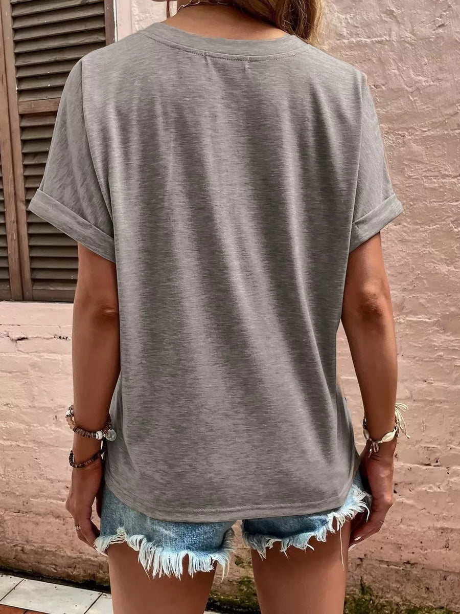 Full Size Notched T-shirt With Rolled Sleeves in Pink, view 18