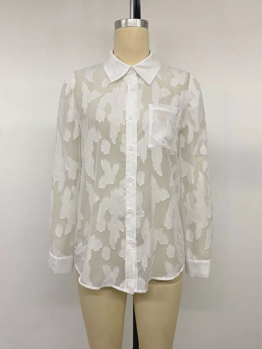 Sheer Button-down Shirt in White with buttoned