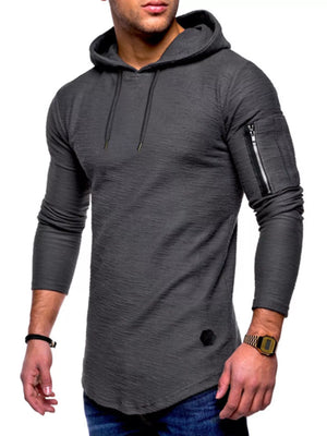 Gray slim fit long-sleeve hoodie with zippered arm pocket and drawstring hood.