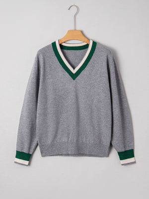 preppy pullover sweater in dark green with v-neck