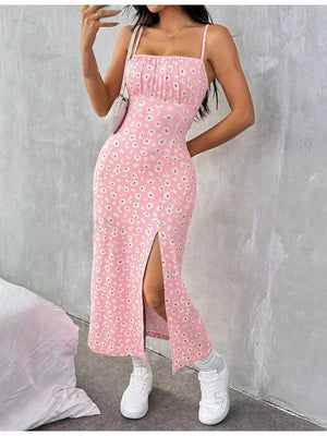 Dusty Pink floral spaghetti strap midi dress with ruched bodice and thigh slit.