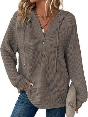 Full Size Waffle Knit Half-button Hoodie Plus Size in Light Green