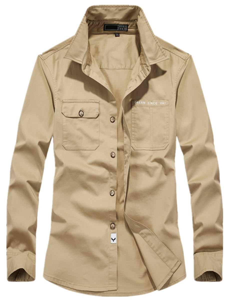 button-up shirt in khaki featuring buttoned and regular fit