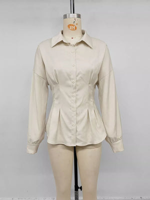 Ruched Button-up Peplum Shirt in Apricot, view 11