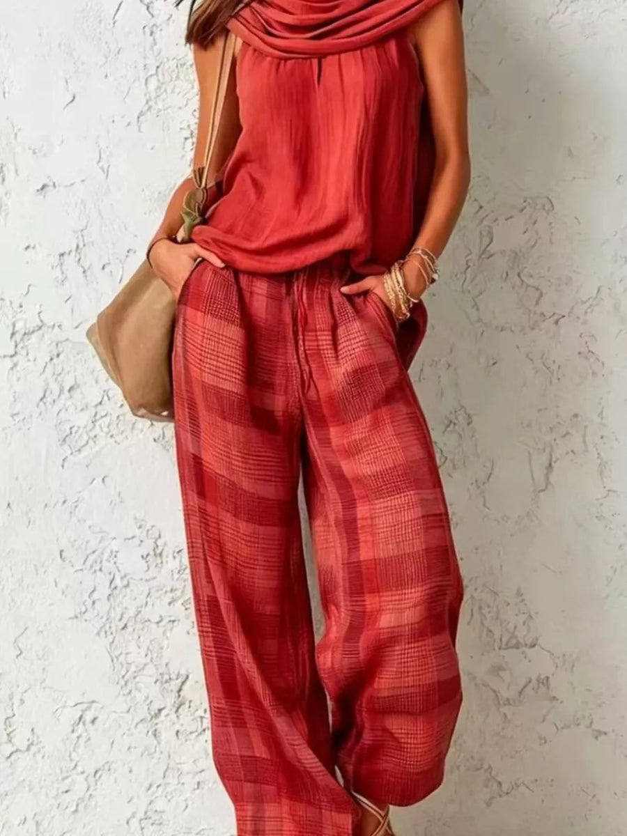 two-piece set featuring plaid in Khaki with 100% polyester Care instructions: Machine wash cold texture