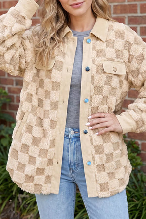 shacket in Tan with checked and buttoned