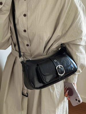 Buckle Detail Faux Leather Crossbody Bag in Black