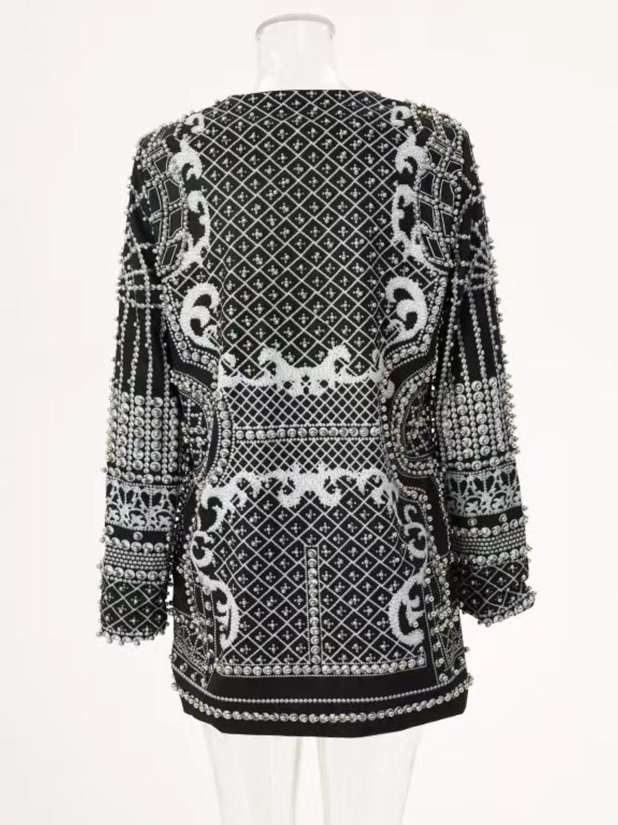 Embellished Pearl One-Button Blazer Plus Size in Silver