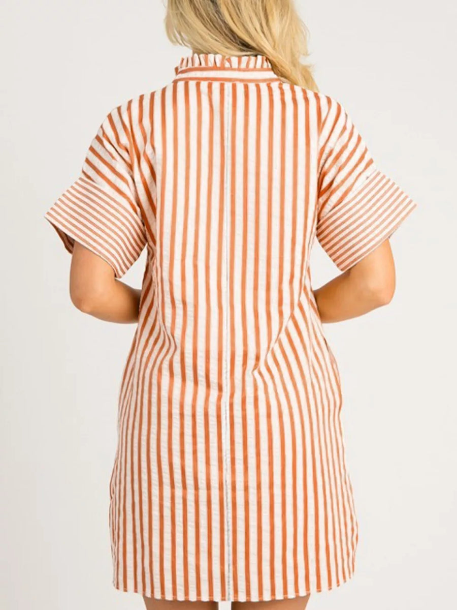 Striped V-neck mini dress with short sleeves and ruffled collar detail.
